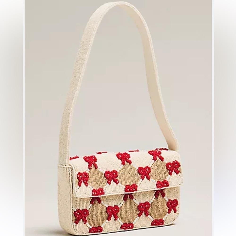 ANTHROPOLOGIE Elegant Cream and Red Bow beaded Patterned Women's Bag NEW sample